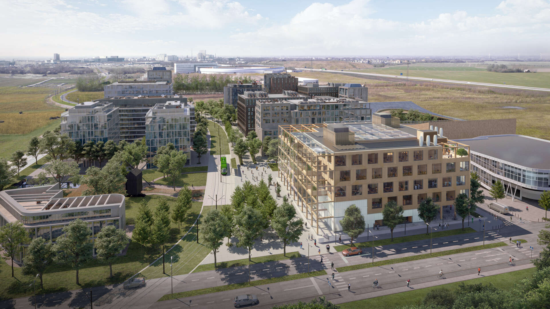 An illustration of Science Village with the Space building in the forefront.