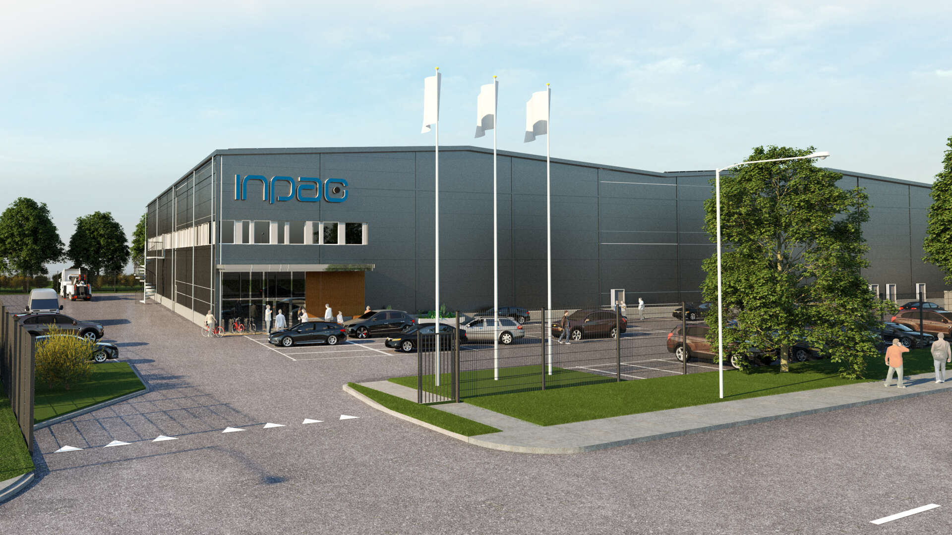 Visionsbild av Inpacs lokaler, med parkering och körytor utanför.